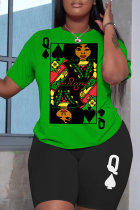 Green Casual Print Basic O Neck Short Sleeve Two Pieces