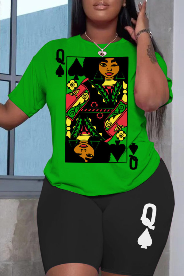 Green Casual Print Basic O Neck Short Sleeve Two Pieces