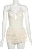 Apricot Sexy Solid Color Patchwork See-Through Backless Strap Design Halter Regular Rompers