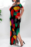 Leopard Print Sexy Floral Print Pocket Slit Contrast U Neck Printed Plus Size Dresses