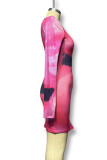 Rose Red Sexy Print Patchwork Slit O Neck Wrapped Skirt Dresses