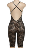 White Sexy Solid Color Lace Patchwork See-Through Backless Spaghetti Strap Skinny Rompers