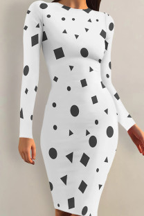 White Grey Casual Print Patchwork O Neck Wrapped Skirt Dresses
