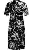 Pink Casual Flowers Print Pocket Contrast V Neck Printed Plus Size Dresses