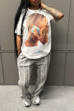 White Casual Street Figure Print O Neck T-Shirts