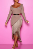 Red Sexy Solid Color Fringed Trim Patchwork U Neck Wrapped Skirt Dresses