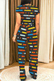 Multi-color Casual Geometric Print Pocket Contrast O Neck Short Sleeve Two Pieces