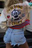 Multicolor Street Letters Embroidered Buckle Patchwork O Neck Outerwear