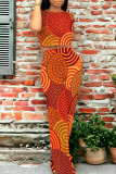 Multi-color Casual Geometric Print Pocket Contrast O Neck Short Sleeve Two Pieces