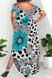 Leopard Print Sexy Floral Print Pocket Slit Contrast U Neck Printed Plus Size Dresses
