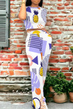 Multi-color Casual Geometric Print Pocket Contrast O Neck Short Sleeve Two Pieces