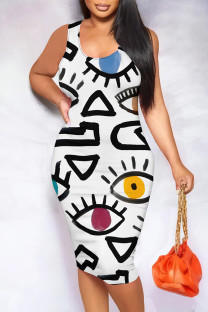 White Sexy Cartoon Print Contrast U Neck Printed Dresses