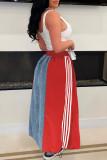 Red Street Draw String Lace Up Patchwork Contrast Loose High Waist Speaker Patchwork Bottoms
