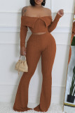 Red Casual Solid Color Buckle Patchwork Backless Off Shoulder Long Sleeve Two Pieces