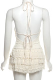 Apricot Sexy Solid Color Patchwork See-Through Backless Strap Design Halter Regular Rompers