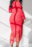 Red Sexy Solid Color Fringed Trim Patchwork U Neck Wrapped Skirt Dresses