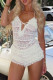Apricot Sexy Solid Color Patchwork See-Through Backless Strap Design Halter Regular Rompers