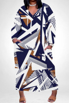 Blue White Casual Geometric Print Flowers Print Pocket Contrast V Neck Printed Plus Size Dresses