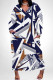 Blue White Casual Geometric Print Flowers Print Pocket Contrast V Neck Printed Plus Size Dresses