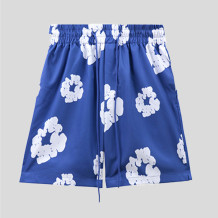 Blue Casual Print Draw String Patchwork Loose Mid Waist Straight Full Print Shorts