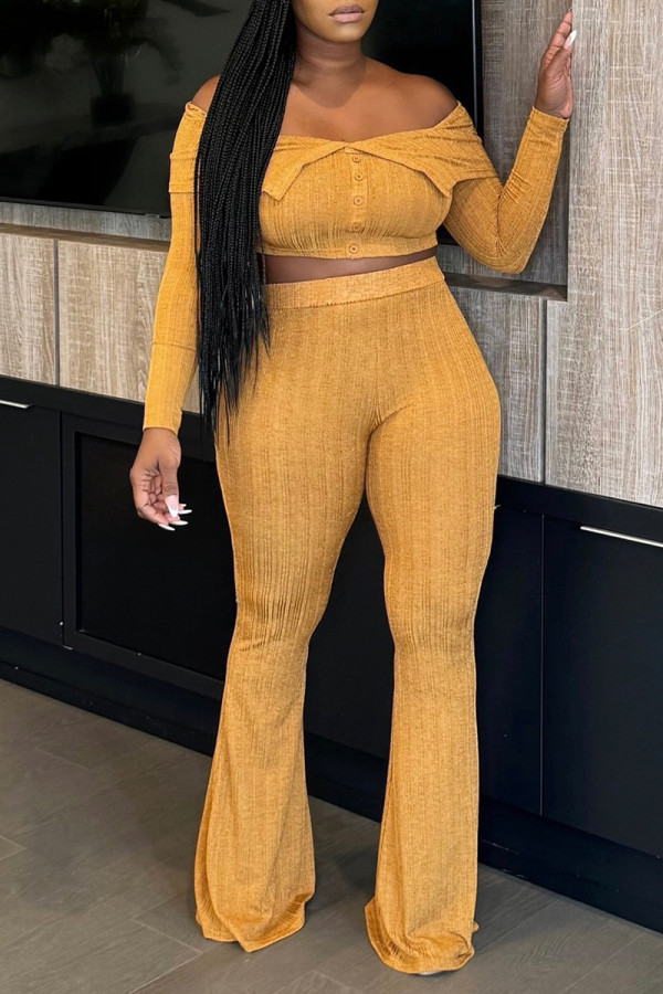 Yellow Casual Solid Color Buckle Patchwork Backless Off Shoulder Long Sleeve Two Pieces