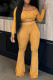 Yellow Casual Solid Color Buckle Patchwork Backless Off Shoulder Long Sleeve Two Pieces