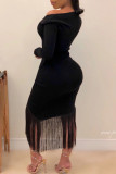 Red Sexy Solid Color Fringed Trim Patchwork U Neck Wrapped Skirt Dresses