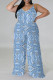 Blue Casual Street Floral Print Splashed ink printing Contrast V Neck Plus Size Jumpsuits(With a turban)