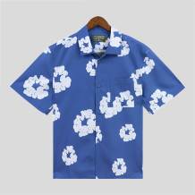 Blue Casual Print Buckle Patchwork Shirt Collar Tops