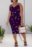 Navy Blue Sexy Geometric Print Contrast V Neck Printed Dresses