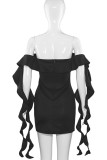 Black Sexy Solid Color Patchwork Backless Slit Stringy Selvedge Off Shoulder Wrapped Skirt Dresses