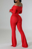 Red Casual Solid Color Buckle Patchwork Backless Off Shoulder Long Sleeve Two Pieces
