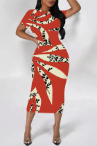 White Red Casual Geometric Print Floral Print Contrast O Neck Printed Short Sleeve Dress