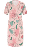 Pink Casual Flowers Print Pocket Contrast V Neck Printed Plus Size Dresses