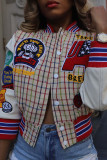 Multicolor Street Letters Embroidered Buckle Patchwork O Neck Outerwear