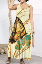 Light Yellow Casual Print Patchwork V Neck Loose Jumpsuits