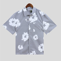 Grey Casual Print Buckle Patchwork Shirt Collar Tops