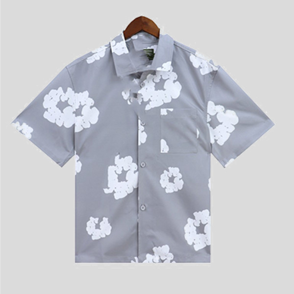 Grey Casual Print Buckle Patchwork Shirt Collar Tops