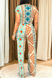 Multi-color Casual Geometric Print Pocket Contrast O Neck Short Sleeve Two Pieces