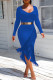 Tibetan Blue Sexy Solid Color Fringed Trim Patchwork U Neck Wrapped Skirt Dresses