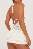 Apricot Sexy Solid Color Patchwork See-Through Backless Strap Design Halter Regular Rompers