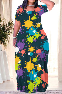 Navy Blue Casual Geometric Print Floral Print Contrast O Neck Printed Plus Size Dresses