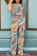 Multi-color Casual Geometric Print Pocket Contrast O Neck Short Sleeve Two Pieces