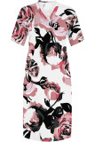 Pink Casual Flowers Print Pocket Contrast V Neck Printed Plus Size Dresses