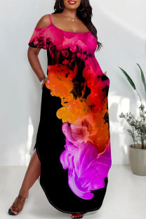 Fuchsia Casual Print Pocket Patchwork Backless Slit Spaghetti Strap Straight Plus Size Dresses