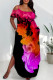Fuchsia Casual Print Pocket Patchwork Backless Slit Spaghetti Strap Straight Plus Size Dresses