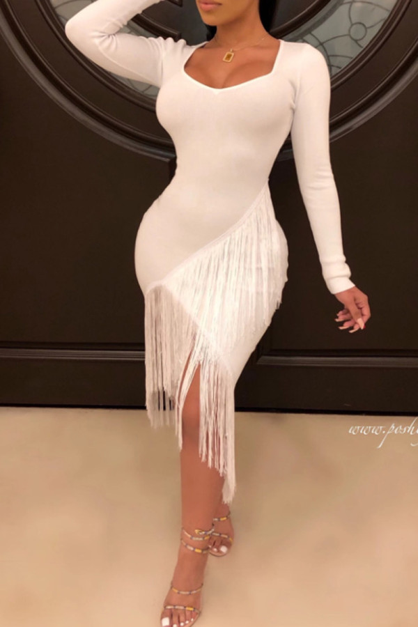 White Sexy Solid Color Fringed Trim Patchwork U Neck Wrapped Skirt Dresses