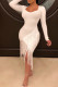 White Sexy Solid Color Fringed Trim Patchwork U Neck Wrapped Skirt Dresses