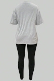 Grey Black Casual Print Patchwork O Neck Short Sleeve Two Pieces