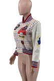 Multicolor Street Letters Embroidered Buckle Patchwork O Neck Outerwear